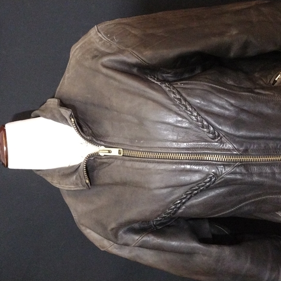 Vintage Unik Ultra Real Leather Gray Jacket, Zipper Pockets&Sleeve Openings Sz L - Picture 2 of 9
